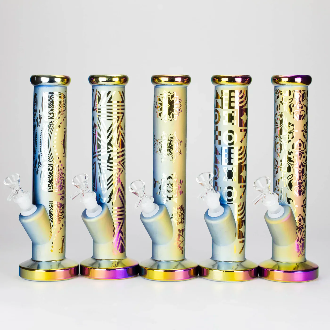 11" Straight Tube Electroplated Metallic Finish w/ Intricate Patterns Glass Bong - Pattern 4 - Image 2