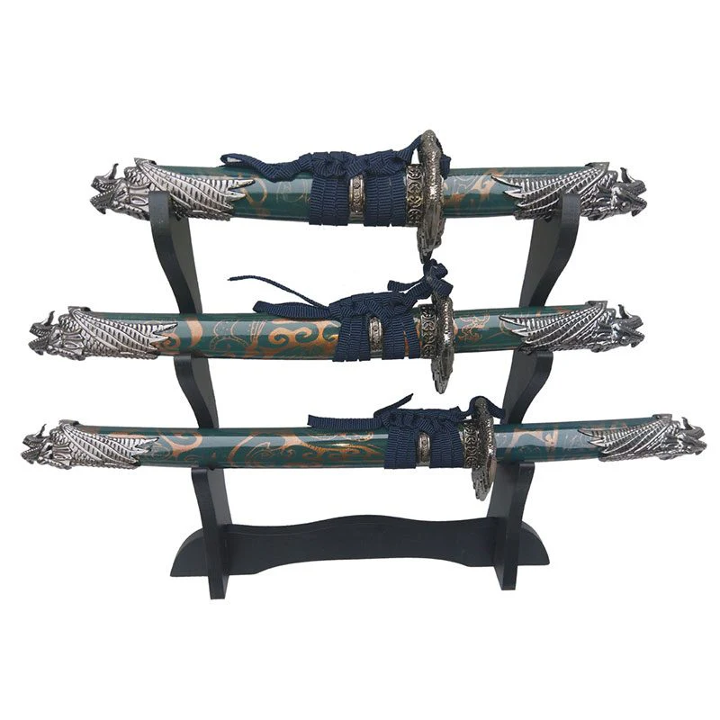 Defender - Blue Dragon Handle Mini Katana 3-Pc Set w/ Wood Stand