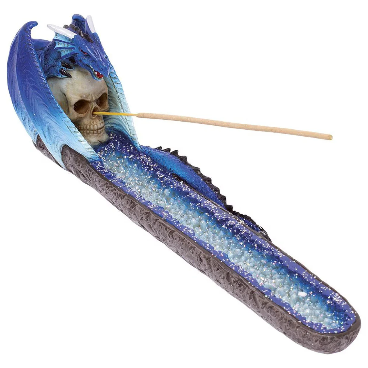 Fujima - 11" Blue Dragon on Skull Crystal Incense Burner - Image 2