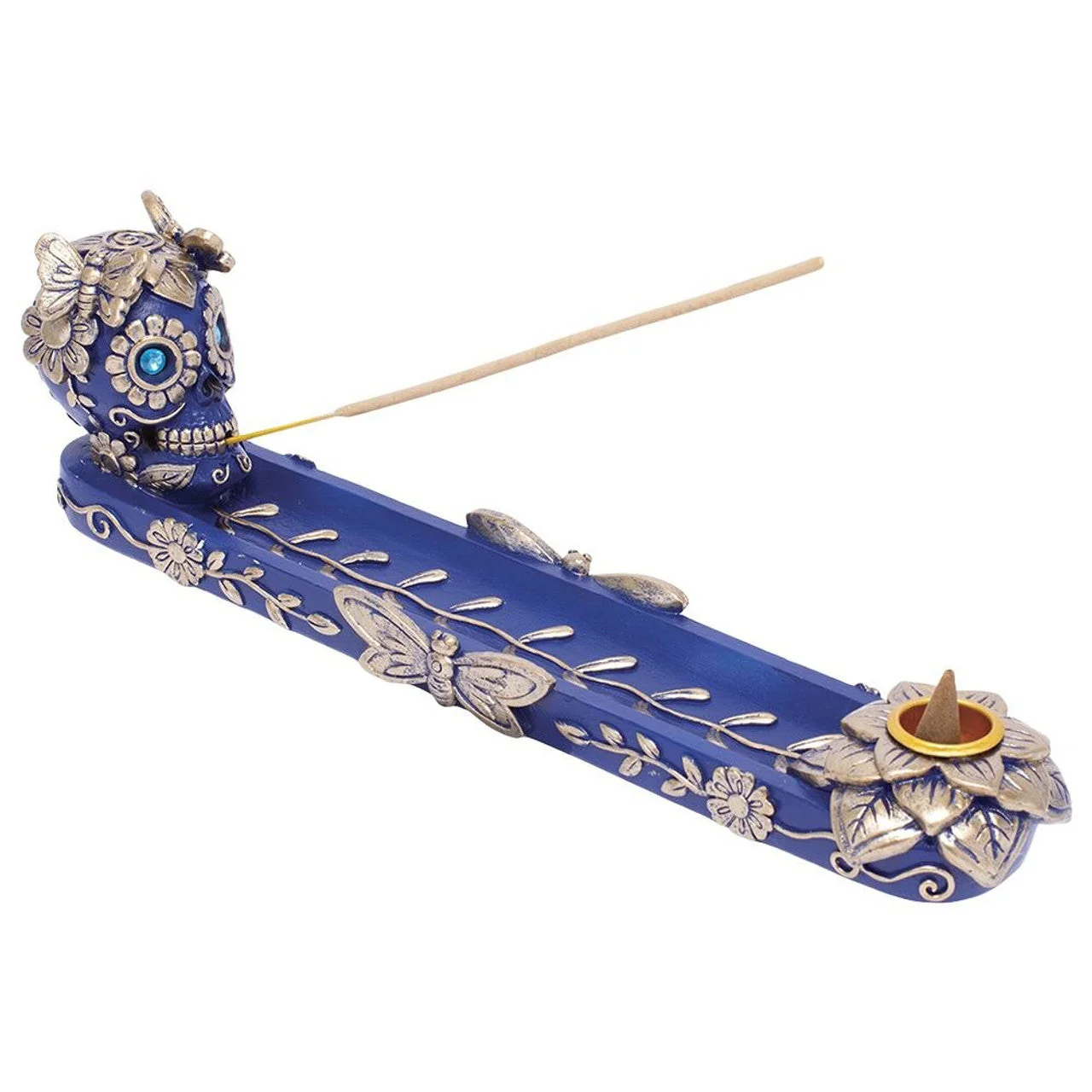 Fujima - 11" Golden Blue Skull & Butterfly Stick & Cone Polyresin Incense Burner - Image 2