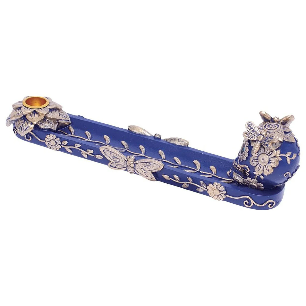 Fujima - 11" Golden Blue Skull & Butterfly Stick & Cone Polyresin Incense Burner - Image 3